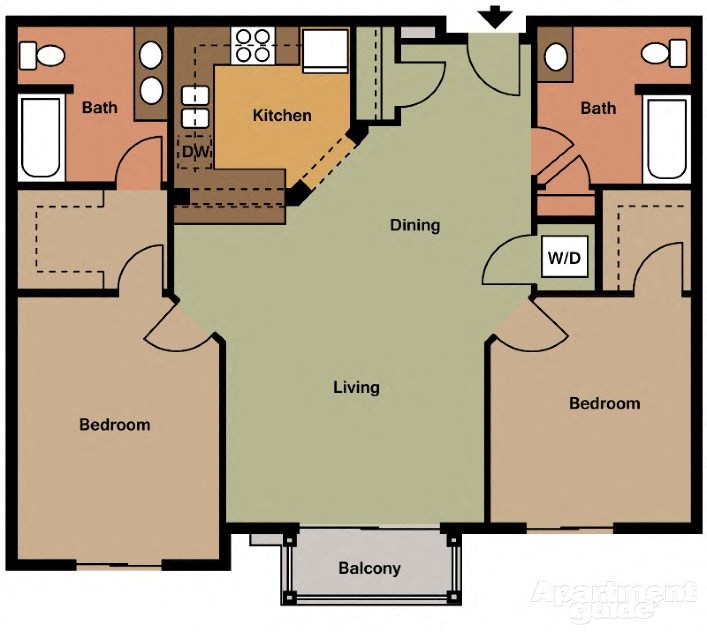 Floor plan for 2 beds, 2 baths, 1102 sqft
